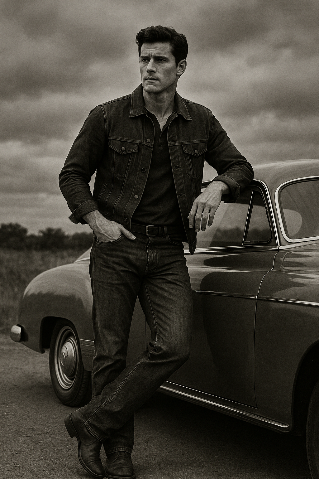 Hank Colt beside a classic car