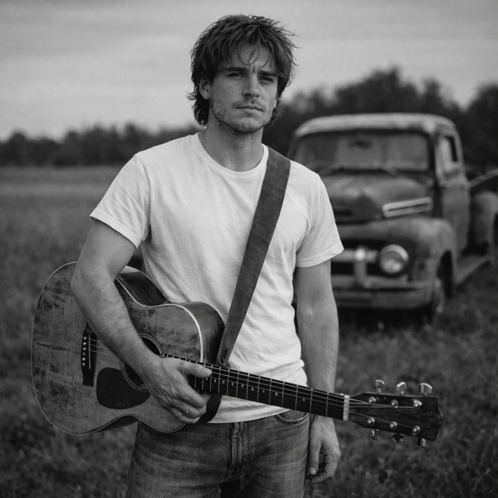 Hank Colt with guitar on the road